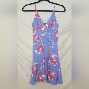 Express XS Periwinkle/Purple & Red Floral Spaghetti Strap Ruffle Front Sun Dress